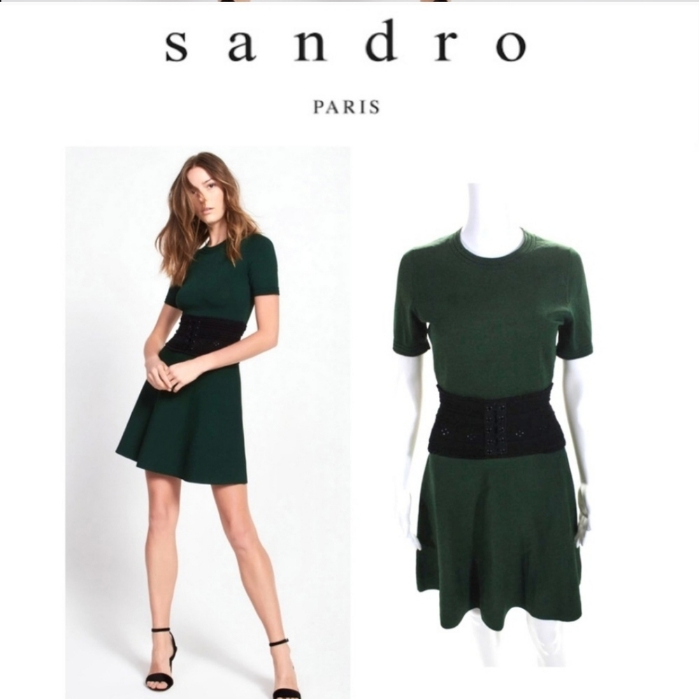 Sandro Paris Knit Corset Dress Green Black Mini Length Stretch Pinup Size 1 XS